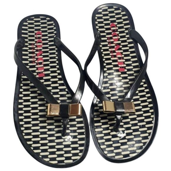 Coach Landon Womens Jelly Sandals 6B/36  Black Gold Bow Stylish Flip Flops Flats - Picture 2 of 6
